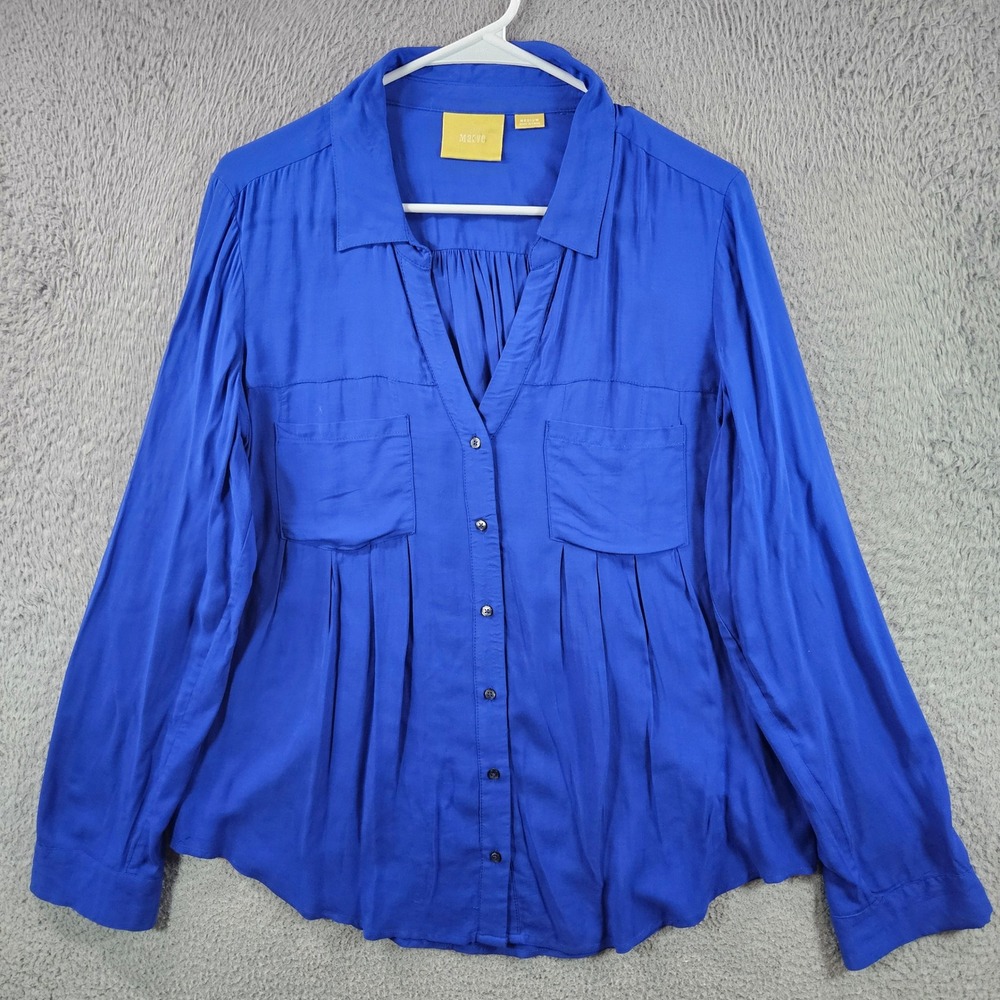 Maeve Royal Blue Pleated V Neck Long Sleeve Button Up Shirt Women's Size M